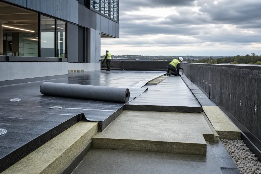 Professional waterproofing system installation on a building roof